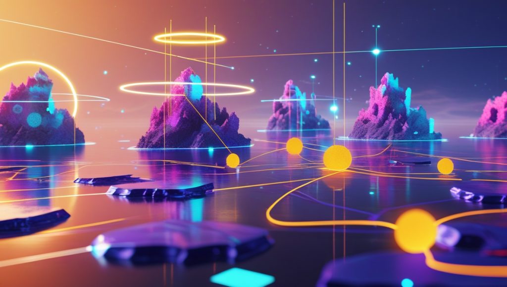 Abstract AI-generated art representing machine learning clustering evaluation metrics with colorful data clusters, glowing halos, minimalist arrows, and radiant light beams on a futuristic backdrop.