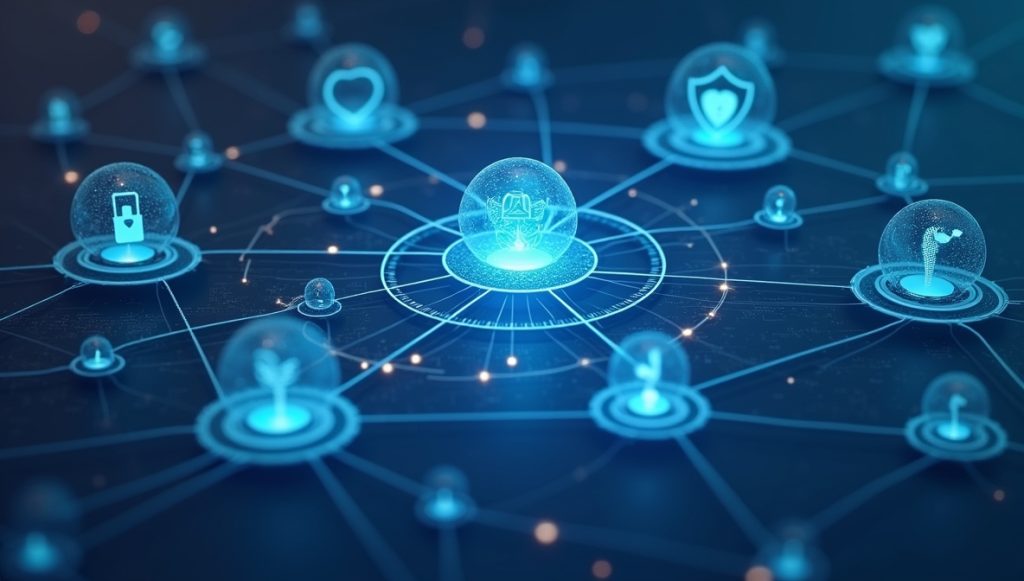 Abstract illustration of federated learning metrics: decentralized AI nodes, privacy shields, balanced fairness scales, and optimized data streams.