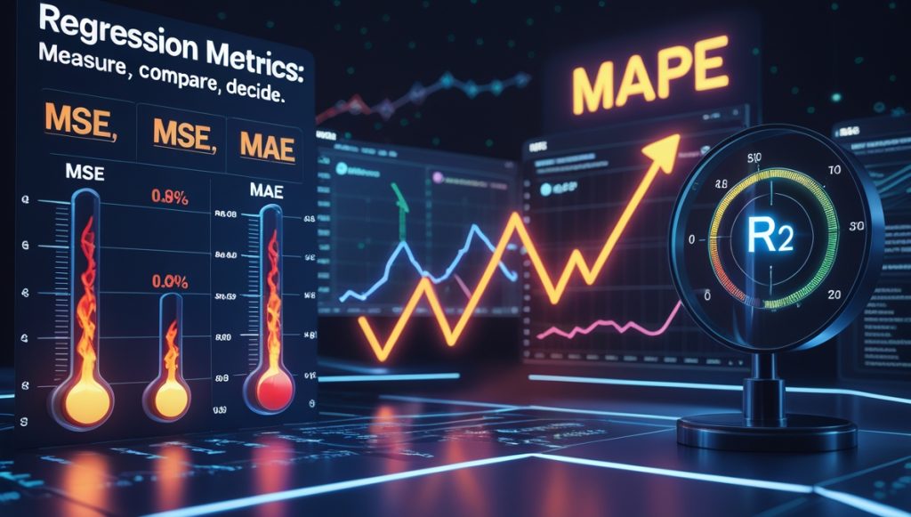 Diagram comparing evaluation metrics for supervised and unsupervised machine learning models, such as MSE, MAE, Accuracy, Precision, Recall, F1-Score, Silhouette Score, and Explained Variance.