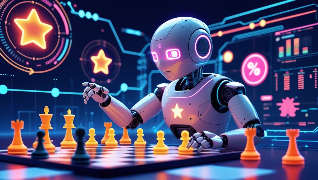Futuristic robot analyzing reinforcement learning metrics with data streams and glowing reward symbols in a tech environment.