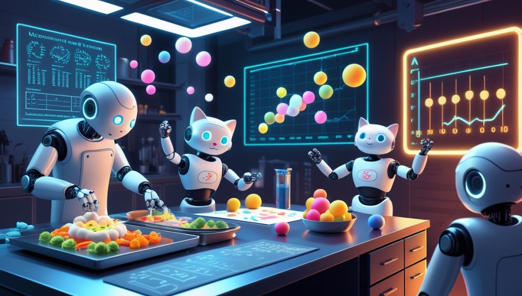 Futuristic AI kitchen scene with robot chef, data ingredients, and clustering robots representing self-supervised learning evaluation metrics like reconstruction loss and contrastive learning.