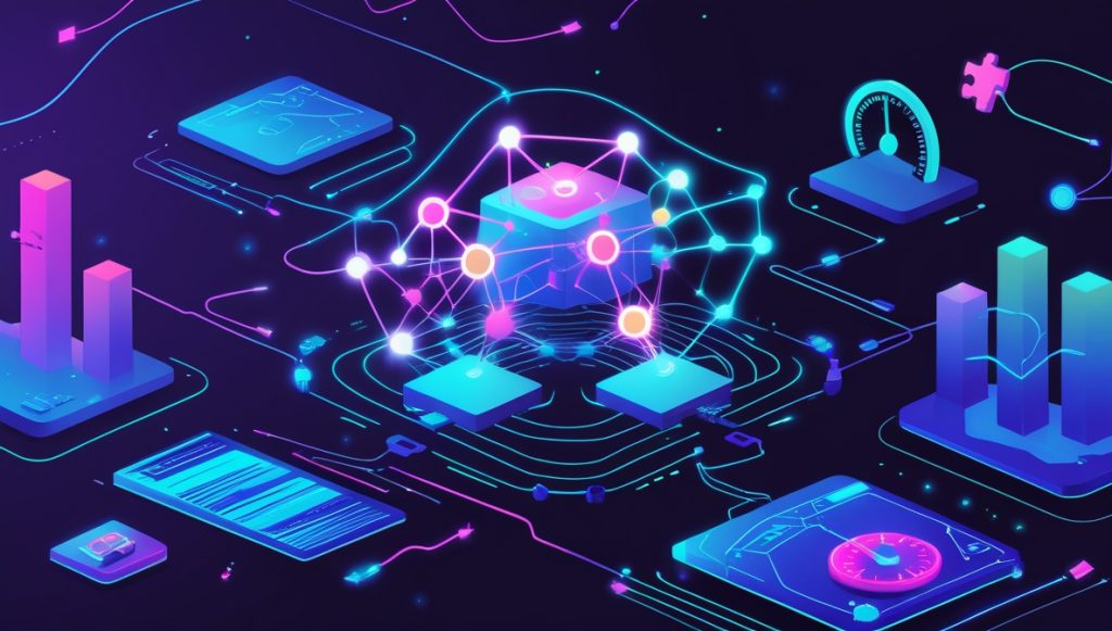 Abstract neural network transferring data between domains with icons for AI evaluation metrics: F1 Score, computational speed, and domain adaptation. Futuristic tech design in neon blue and purple.